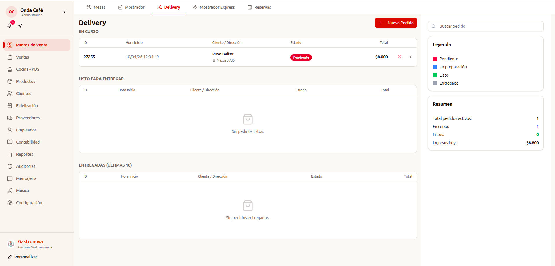 Vista de delivery de Gastronova con pedidos externos